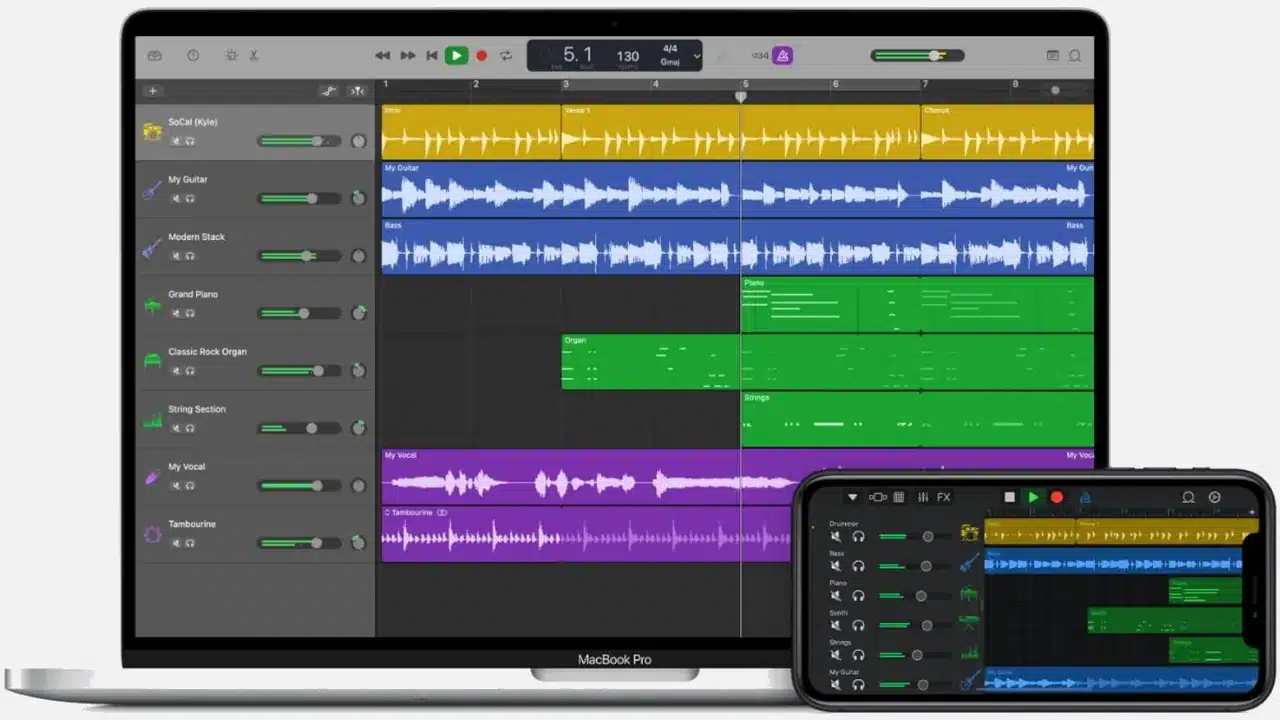 Interface of GarageBand on MacOS and iOS.